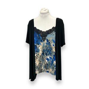 Susan Lawrence Womans Black & Blue Layered Top 2X V-Neck With Beaded Lace Detail